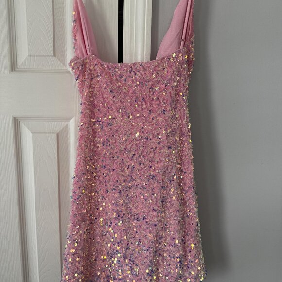 Lucy in the Sky Pink Sequin Mini Dress | Size L | Cowl Neck | Party Dress - Picture 2 of 4